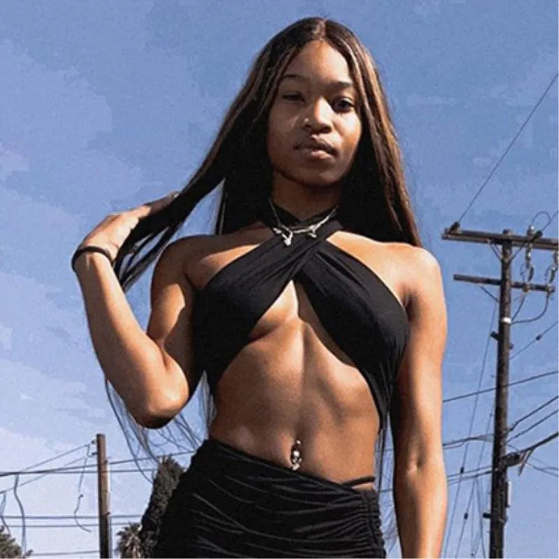 Sexy Cross Halter Corset Tank Tops Y2K Fashion Black Hollow Out Camis Women Tube Tops Backless Slim Crop Top 2024 Woman Clothing