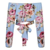 Women Sexy Off Shoulder Blouse Chic and Elegant Printing Lantern Long Sleeve Lace Up Bow Cropped Tops Casual Slim Shirts 2024