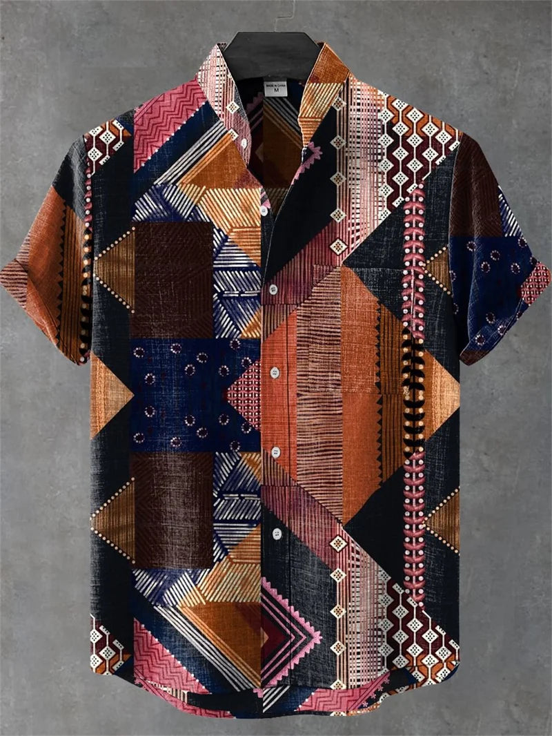 Men's Short Sleeve Shirt Vintage Ethnic Style Sunlight and Tree Illustration Art Snake Print Casual Linen Shirt