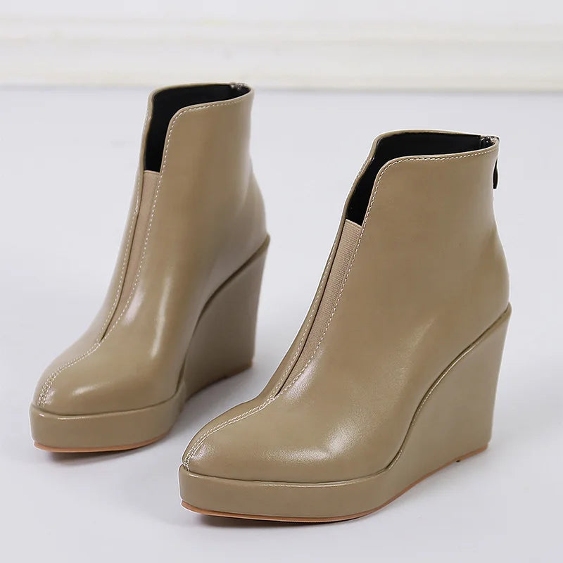 New Autumn Early Winter Shoes Women Ankle Boots Platform Fashion Ladies Wedge Heels 10cm Pure Black White Big Size 42