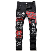 Men's Scotland Red Plaid Tartan Patchwork Jeans Punk Rivet Patch Black Denim Pants Skull Letters Printed Slim Straight Trousers