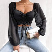 Horetong Women's Sexy V-neck Off-Shoulder Blouses Summer Drawstring Bandage Long Sleeve Tops Ladies Korean Fashion Short Clothes