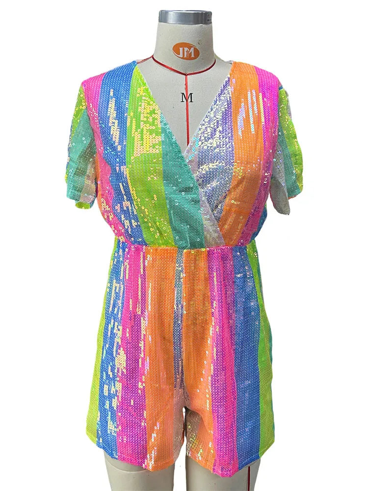 Shiny Rainbow Stripe Sequin Rompers Women Sequins Jumpsuit Sexy Paillette Spot Rompers V-neck Shorts