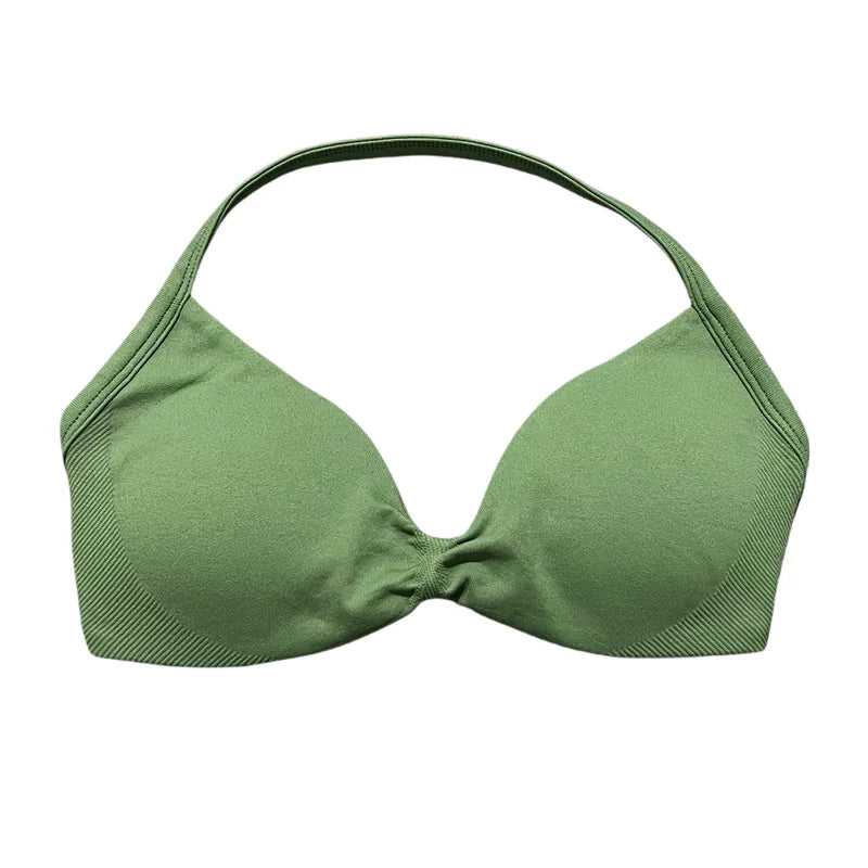 HISTELLO Sports Bra Seamless Halter Thin Strap High Support Scrunch Women Removable Pads Gym Fitness Workout Yoga Clothes