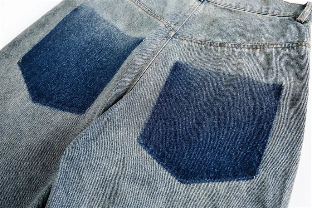 Ripped Jeans Mens With Rivets Pocket Retro High Street Washed Distressed Loose Wide leg Denim Pants Men