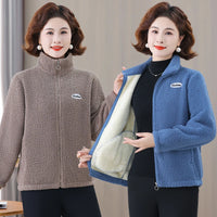 Winter Mother's Attire New Jacket Middle-Aged And Elderly Women's Fleece-Lined Woolen Sweatshirt Warm  Stand Collar Top