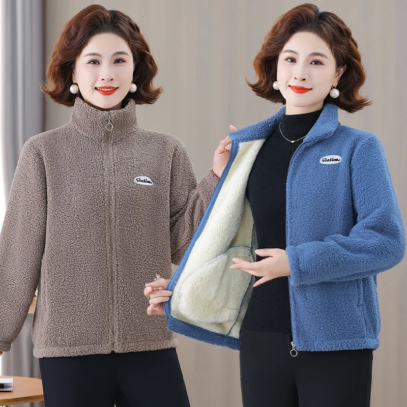 Winter Mother's Attire New Jacket Middle-Aged And Elderly Women's Fleece-Lined Woolen Sweatshirt Warm  Stand Collar Top