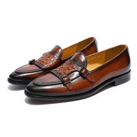 Luxury Men's Genuine Cow Leather Dress Shoes Green Black Slip-on Loafer Monk Strap Buckle Casual Business Wedding Footwear