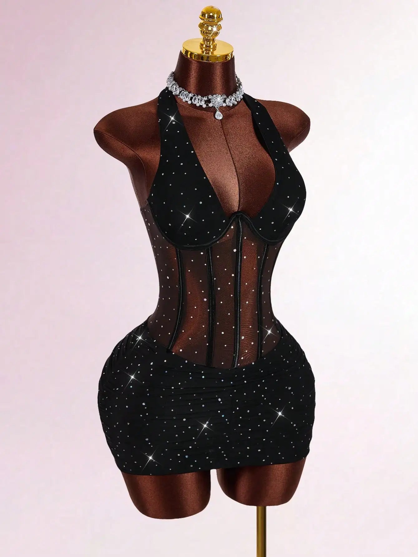 Red Halter Neck Rhinestone Mini Dress with Corset Waist for Party Club Night