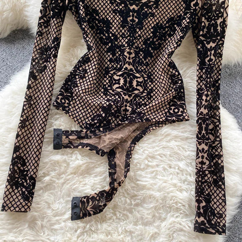 Women Bodycon Bodysuit 2024 Korean Sexy Backless Mesh Bodycon Jumpsuits Chic Flocking Slim Bodysuit Streetwear Long Sleeve 39950