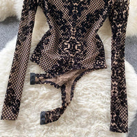 Women Bodycon Bodysuit 2024 Korean Sexy Backless Mesh Bodycon Jumpsuits Chic Flocking Slim Bodysuit Streetwear Long Sleeve 39950