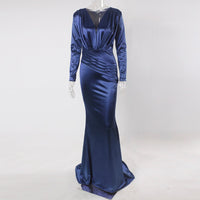 Deep V Neck Full Sleeved Pleated Long Evening Party Dress Stretch Satin Floor Length Event Gown Prom Robe