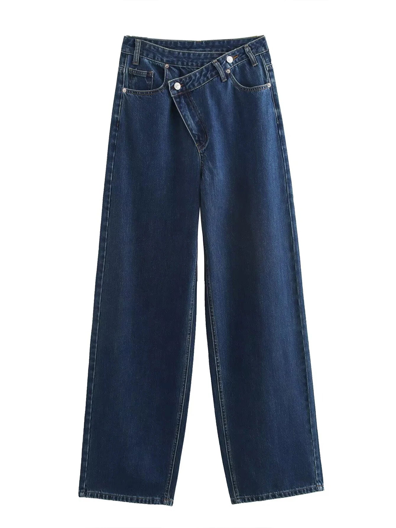 2025 Fashion Women Slanted Placket Blue Jeans Female Wide Leg Pants Long Pants High Street Ripped Jeans Versatile Retro