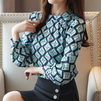 Korean Fashion Clothing Casual Long Sleeve Chiffon Blouse Women Print O-neck Blouse white black autumn tops 6053 50