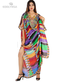 Plus Size Multicolored Loose Dress Cotton Tunic Women Large Size Beach Wear Kaftan Bohemian Printed Loose Beach Dresses Q1084