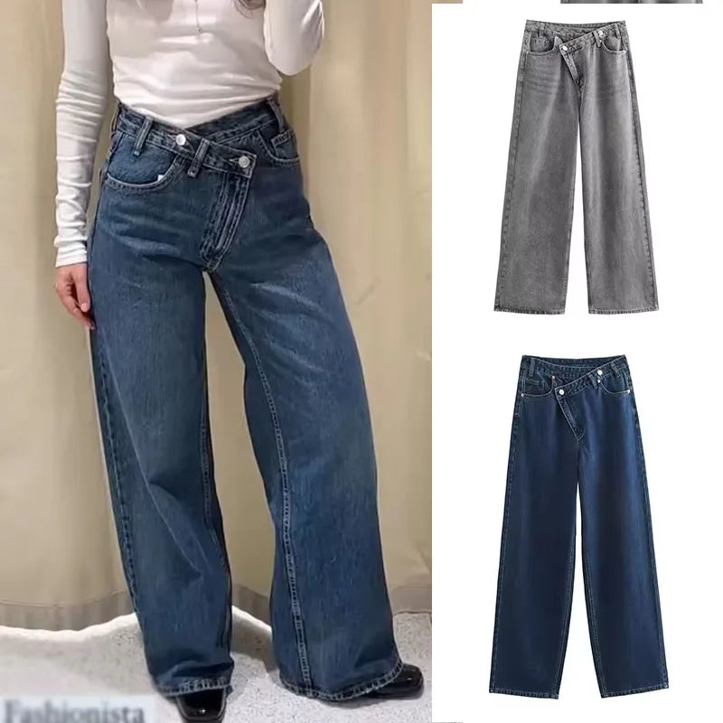 2025 Fashion Women Slanted Placket Blue Jeans Female Wide Leg Pants Long Pants High Street Ripped Jeans Versatile Retro