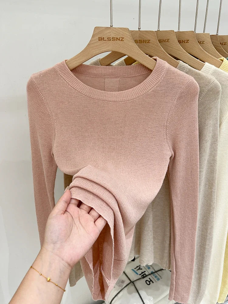 Spring  Basic O-Neck Slim T-Shirt Women Solid Multi Color All-Match Trend Casual Top Screw Knit Long Sleeve Elastic Office Lady