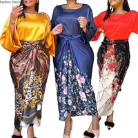 African Large Size Office Lady Printed Two Piece Sets Skirt Womens O-neck Loose Flare Sleeve Lace-up Skirt 2 Piece Suit Womens