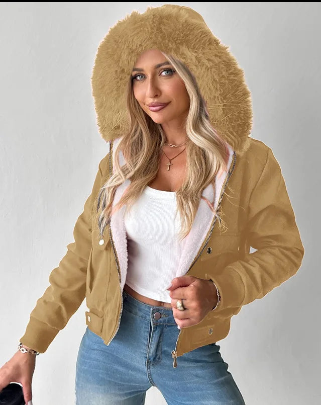 Large Fur Collar Hooded Zipper Sweatshirt Women's Jacket Winter Vintage Casual Hoodies Short Coat for Female Outfits Streetwear