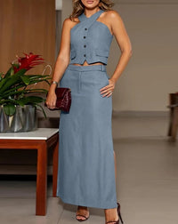 Women's Commuter Skirt Set Summer New 2024 Casual Rib Cross Collar Button Tank Top and Side Split Pocket Design Long Skirt Set