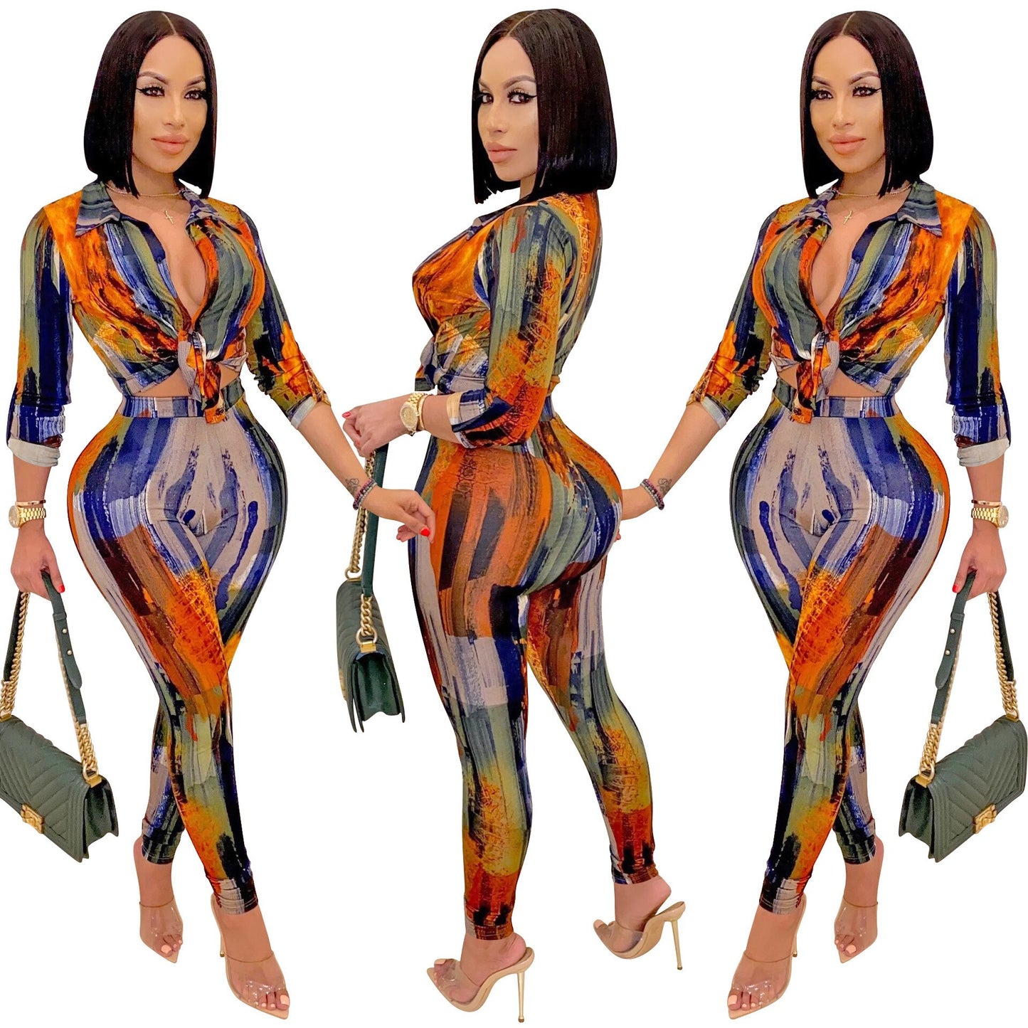 2023 Sexy Autumn Elegant African Women Long Sleeve V-neck Polyester Two Pieces Sets Top and Long Pant