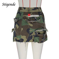 Stigende Sexy High Split Camouflage Mini Skirt Women Army Green Ripped Irregular Skirt Spliced Color Pocket Button Party Skirt