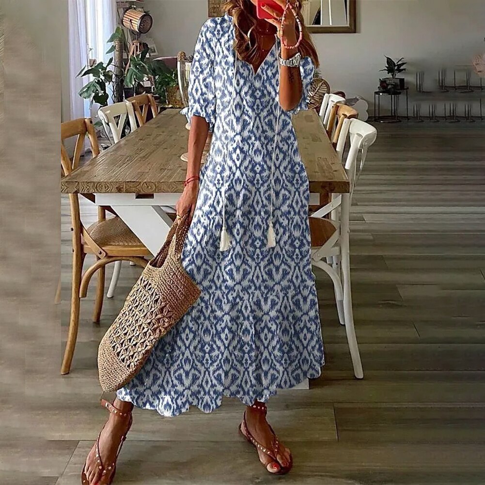 Sexy Bohemian Beach Maxi Dress Woman Summer V Neck Print Boho Elegant Long Beach Sundress