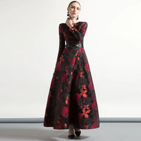 High Quality Elegant Women Long Sleeve Long Maxi Dress Fall Floral Lady Jacquard Autum Winter Dress Vintage Fashion