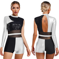 Womens Jazz Latin Dance Leotard Boyshort Asymmetrical Glittery Sequins Metallic Shiny Bodysuit Chacha Ballet Ballroom Dancewear