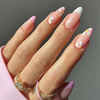 24pcs/Box Fresh Floral Almond False Nails Press On Nails Detachable Fake Nail Tip Purple with Design Manicure Patches