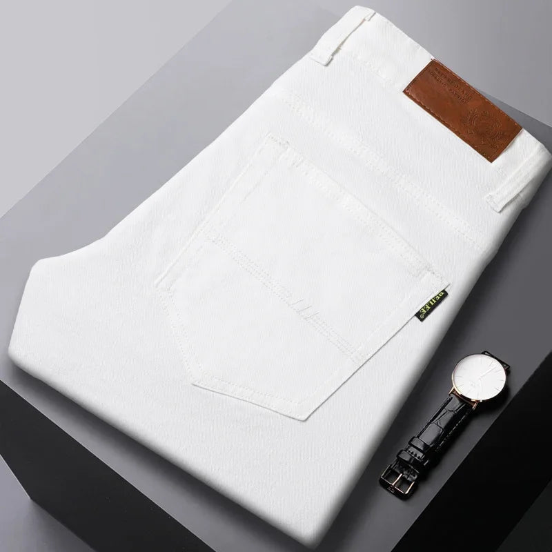 New High Quality Men's Trend Yellow Red White Jeans 2024 Spring Autumn Male High Waist Casual Pants Classic Brand Denim Trousers