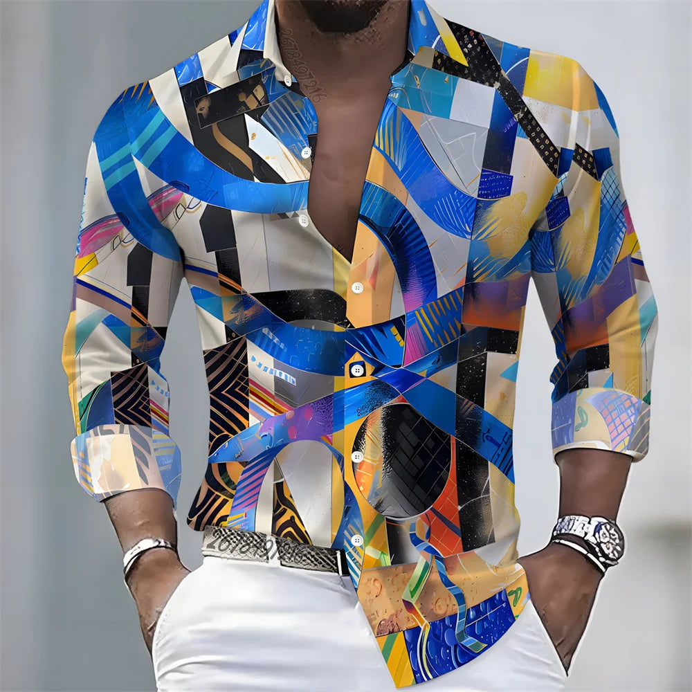 American retro patchwork print men's long-sleeved shirt, casual spring and autumn turn-down collar cardigan, plus size men's top