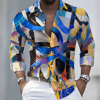 American retro patchwork print men's long-sleeved shirt, casual spring and autumn turn-down collar cardigan, plus size men's top
