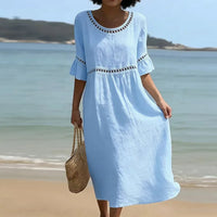 Summer Beach Vacation Dresses Women's Sexy O Neck High Waist Hollow A-Line Dress Spring Flare Sleeve Linen Vintage Dress Vestido
