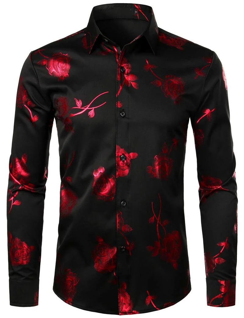 Mens Gold Rose Floral Print Shirts Brand Floral Steampunk Chemise White Long Sleeve Wedding Party Bronzing Camisa Masculina New