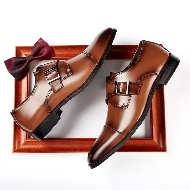 Men Genuine Cow Leather Dress Shoes Single Buckle Monk Strap Shoe Cap Toe Classic Business Gentlemen's Wedding Shoes for Men