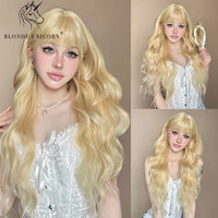 Blonde Unicorn Synthetic Long Wavy Wig Ombre Purple to Blue for Woman Cosplay Halloween Wigs Heat Resistant Fiber Bangs Hair