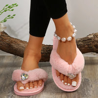 Women's Soft Sole Fur Flip Flops 2023 Autism Winter Heart Rhinestone Flat Heels Fluffy Slippers Woman Warm Plush Clip Toe Slides