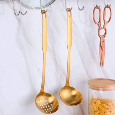 Gold Soup Ladle Colander Set, Long Handle Stainless Steel Kitchenware Cookware Serving Spoon, For Cooking Utensil(4 PCS)