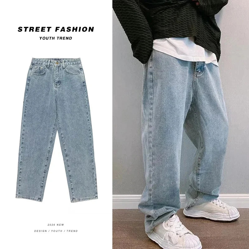 Baggy Jeans Men's Casual Wide Leg Straight Denim Pants Fashion Korean Style Hip Hop Streetwear Solid Color Casual Trousers Blue