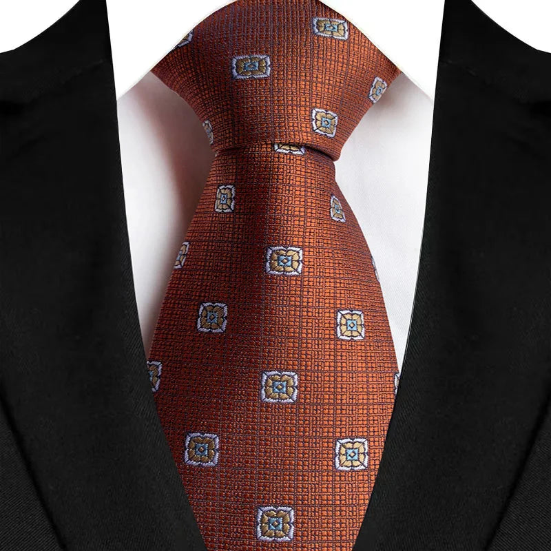 Luxury 8CM Mens Necktie Brown Orange Color Dot Stripes Ties For Man Groom Jacquard Woven Neck Tie For Business Wedding Party