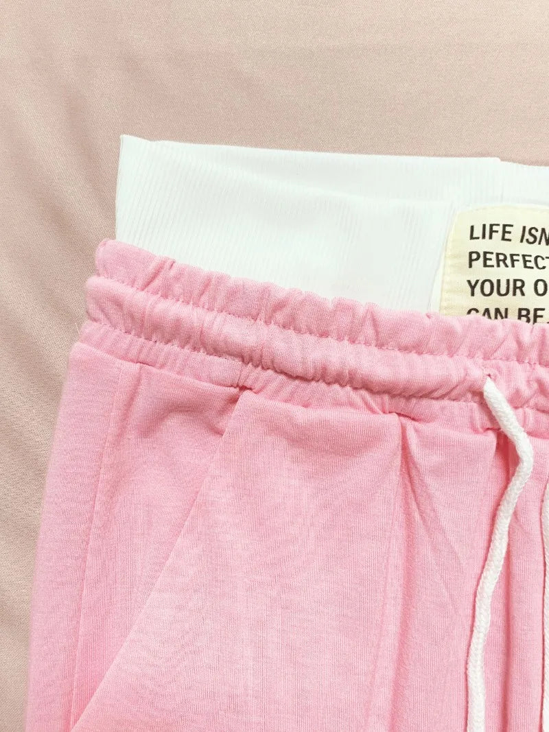 Letter Print Label Color Patchwork 2 Piece Set Women Tracksuits Ribbed Tank Crop Top + Drawstring High Waist Wide Leg Pants Suit