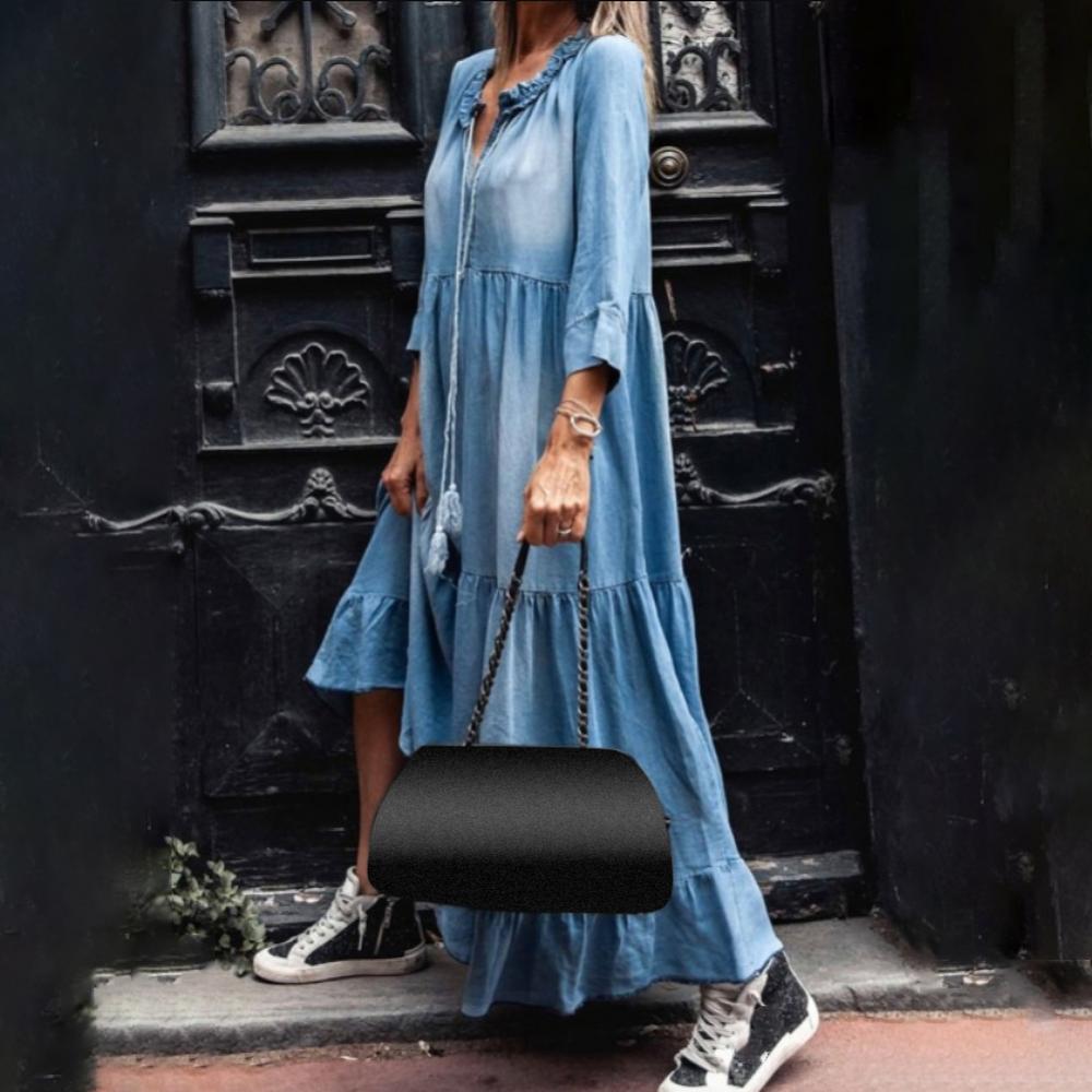 Loose Women 3/4 Sleeve Dress Vintage Tassel Plus size dress Denim apparel autumn Lace V Neck Large Hem Maxi Denim Dress