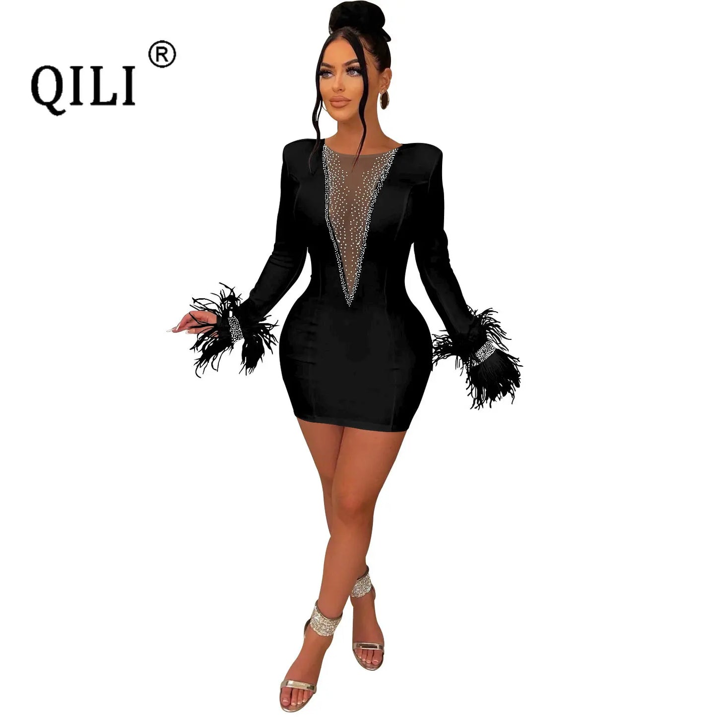 Sexy Mini Full Sleeve Dress V Design Diamonds and Feathers See Through Back Dresses Womens Pary Club Dress Sheath