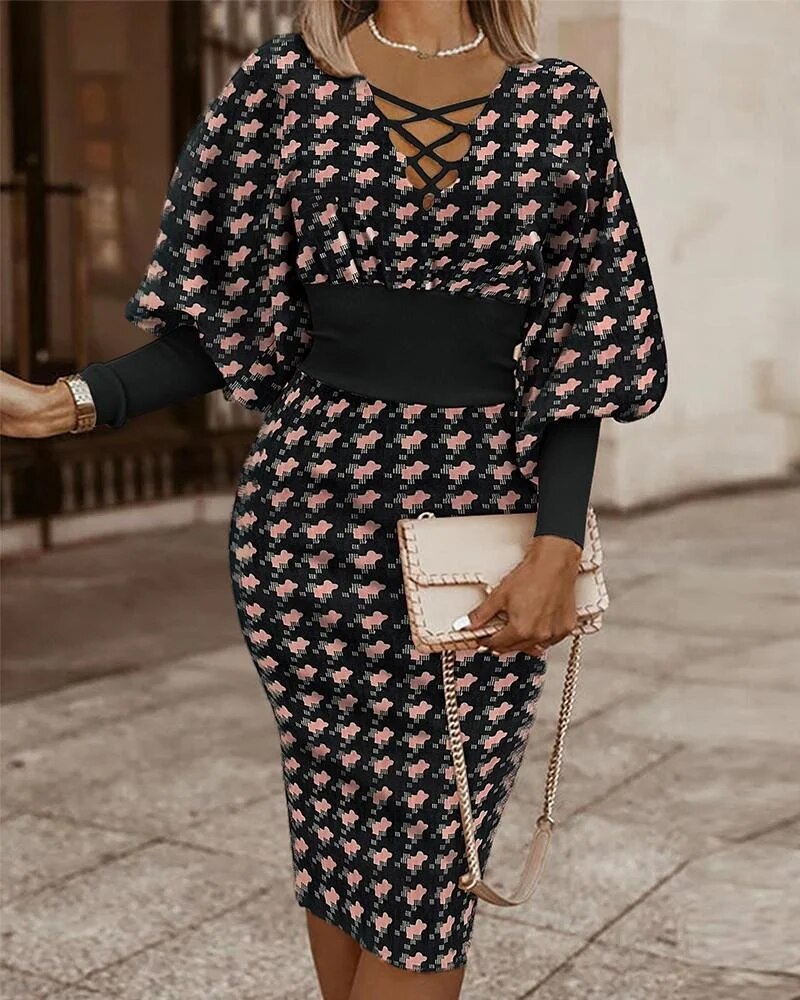 Elegent Women Plaid Lace Up V-neck Lantern Long Sleeve