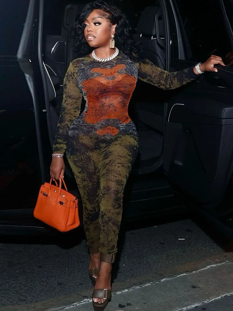 Sisterlinda Printing Slim O-Neck Long Sleeve Jumpsuit Women Sexy Popular Body-shaping Vestidos Girl Party Leisure Pencil Pants