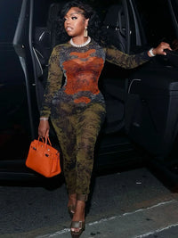 Sisterlinda Printing Slim O-Neck Long Sleeve Jumpsuit Women Sexy Popular Body-shaping Vestidos Girl Party Leisure Pencil Pants