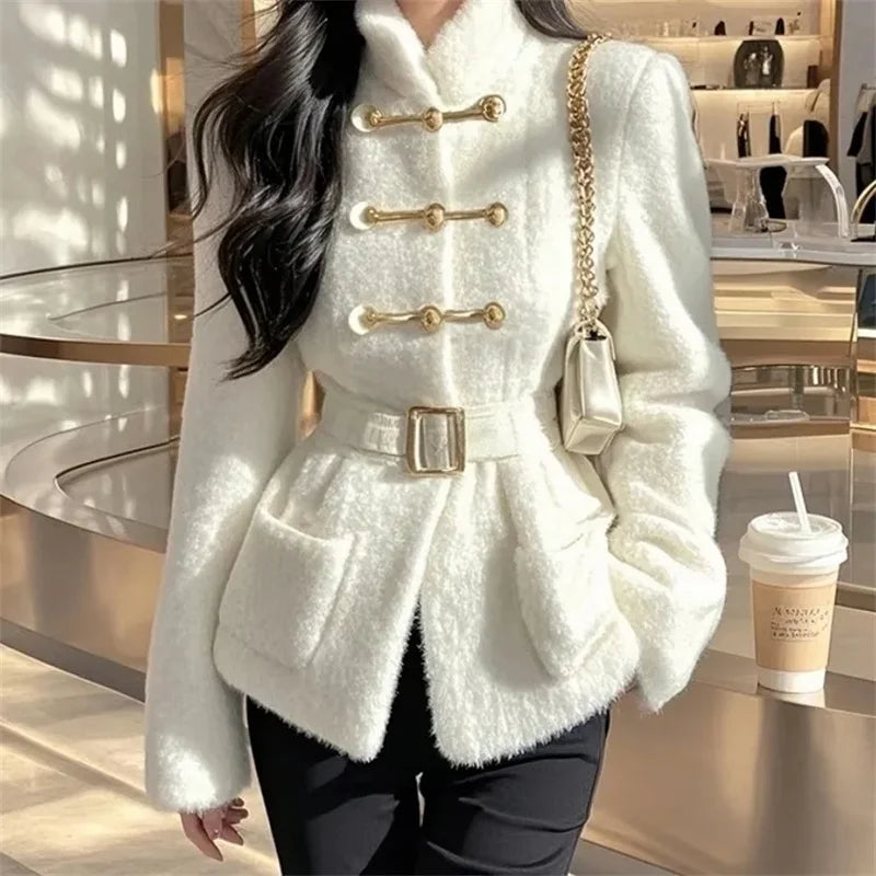 Winter Coat Women White Fashion Waistband Pocket Jacket Lambswool Coats Outwear 2025 Female Sense Design Keep Warm Overcoat
