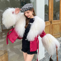 New Leather and Fur Jackets Winter Women Fashion Warm Belt Waist Closing Mongolian Fur Collar Cuffs Short Sheepskin Down Coats