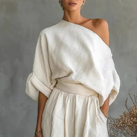 Elegant Skew Collar Long Sleeve Top & Casual Pants Set Woman Sexy Hollow Out Solid Suit Outfit Spring Fall Loose Female Clothing